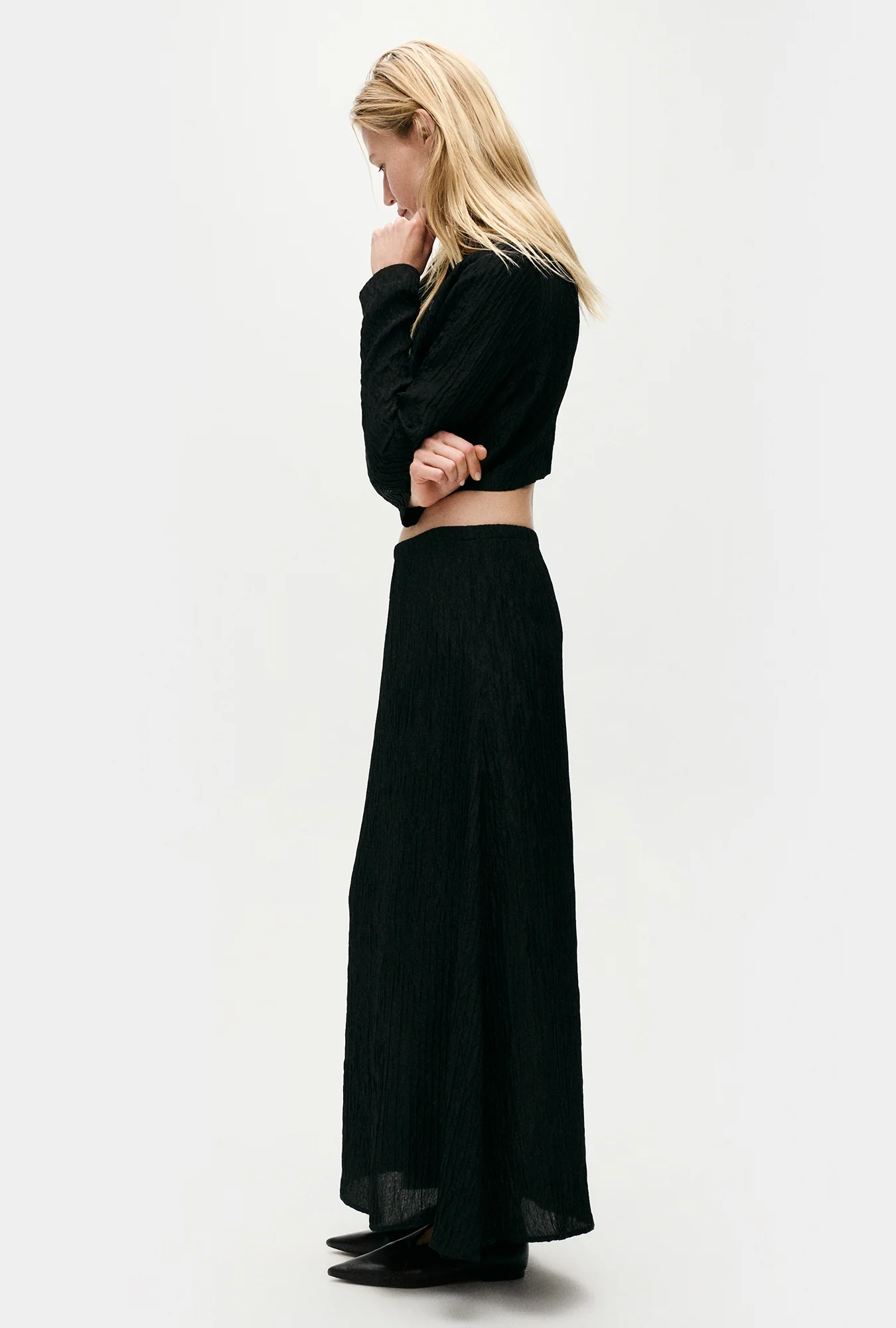 Crinkle Long Bias Cut Skirt Black - Image 3
