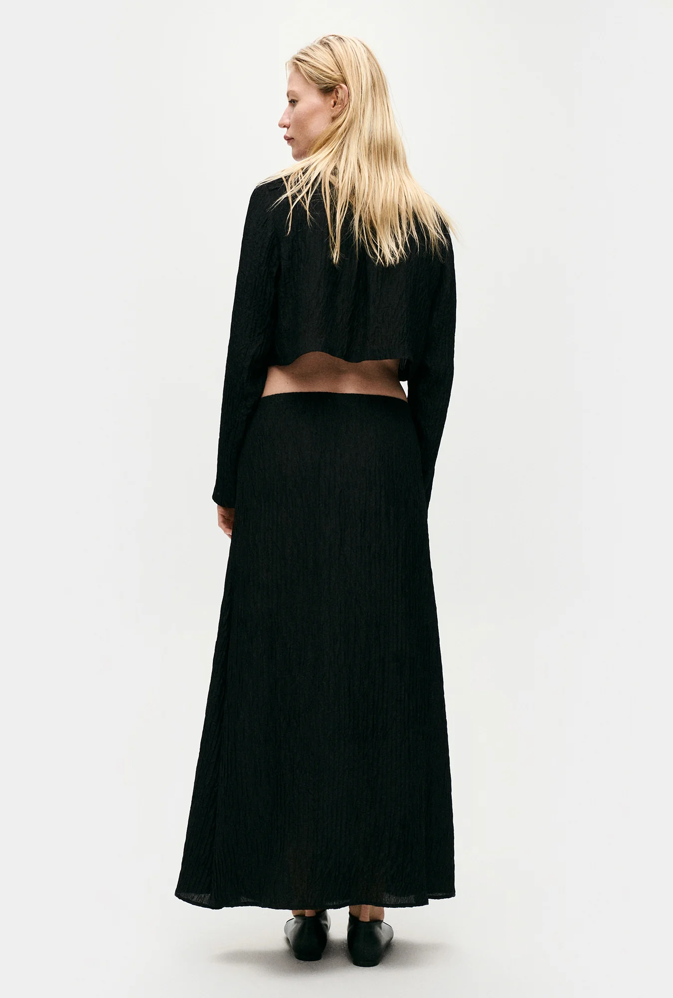 Crinkle Long Bias Cut Skirt Black - Image 4