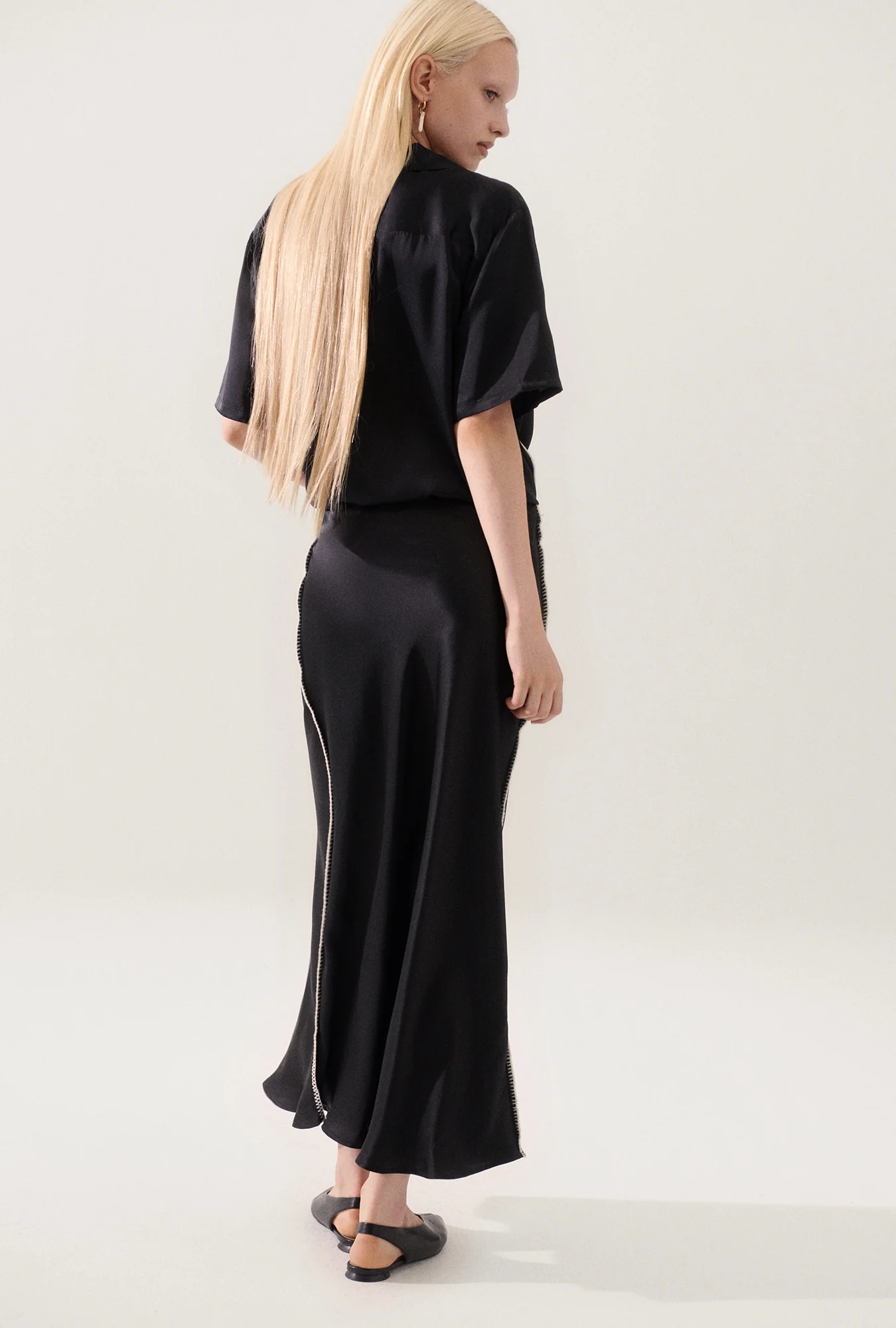 Long Bias Cut Skirt Blanket Stitch Black - Image 5